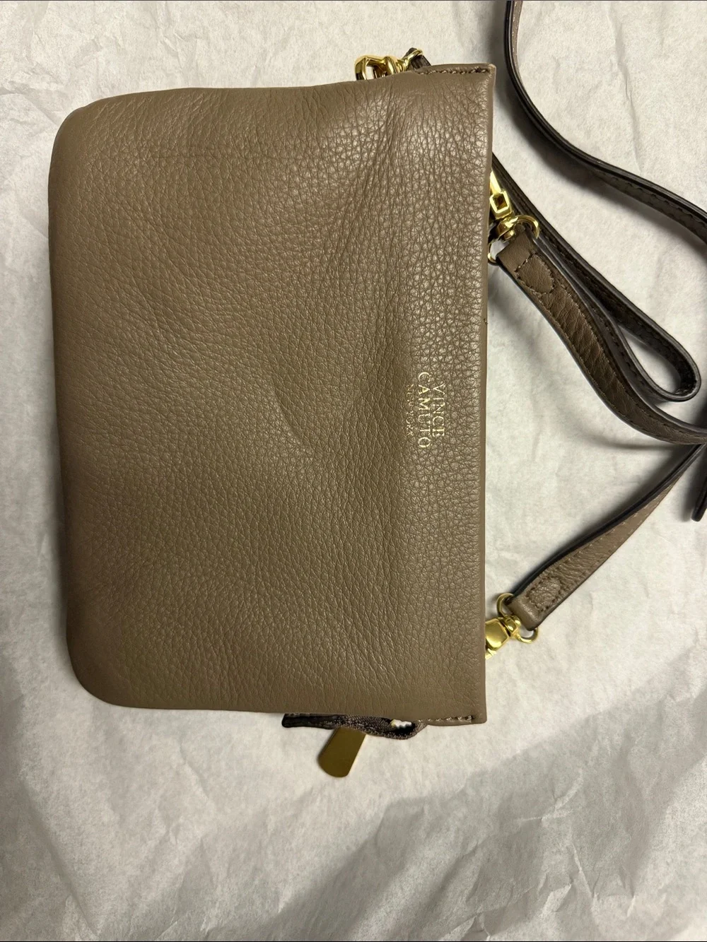 Vince Camuto Taupe Pebbled Leather Crossbody with Gold Medallion